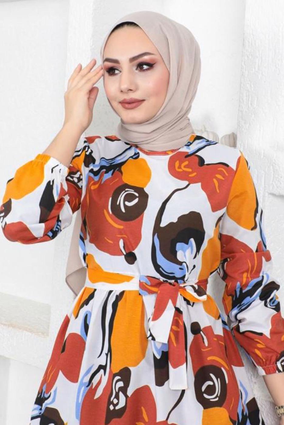 Tesettür giyim KAHVE DESENLİ KUŞAKLI ELBİSE T 144