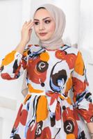 Tesettür giyim KAHVE DESENLİ KUŞAKLI ELBİSE T 144