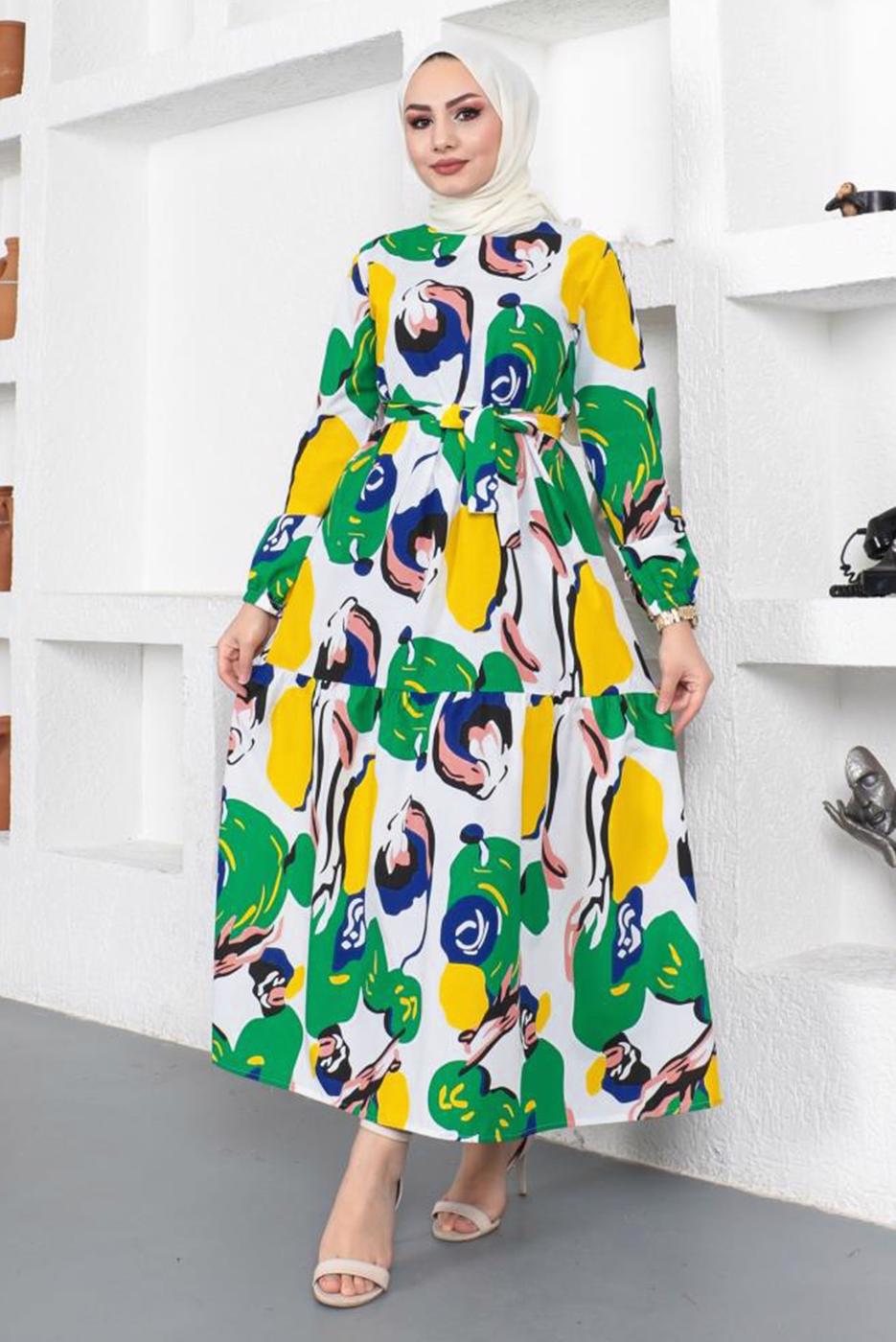 Tesettür giyim YEŞİL DESENLİ KUŞAKLI ELBİSE T 144