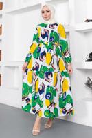 Tesettür giyim YEŞİL DESENLİ KUŞAKLI ELBİSE T 144