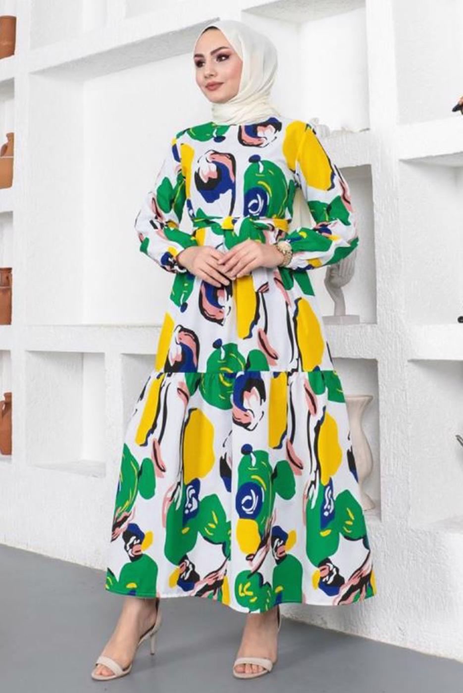 Tesettür giyim YEŞİL DESENLİ KUŞAKLI ELBİSE T 144