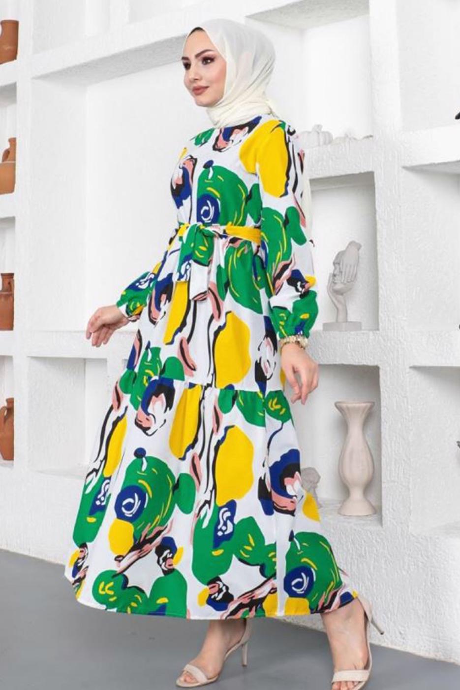 Tesettür giyim YEŞİL DESENLİ KUŞAKLI ELBİSE T 144