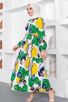 Tesettür giyim YEŞİL DESENLİ KUŞAKLI ELBİSE T 144