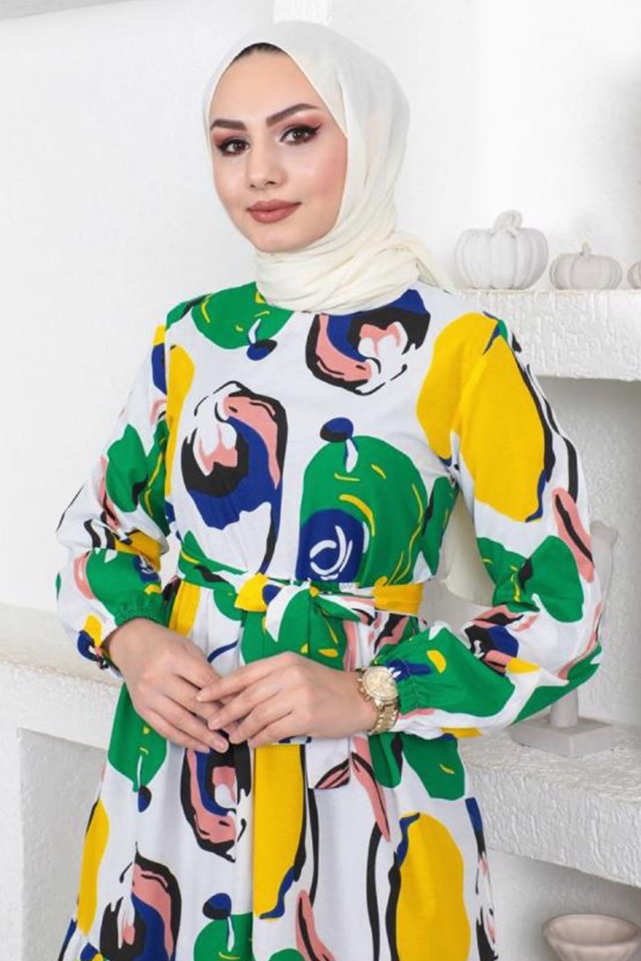 Tesettür giyim YEŞİL DESENLİ KUŞAKLI ELBİSE T 144