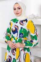 Tesettür giyim YEŞİL DESENLİ KUŞAKLI ELBİSE T 144