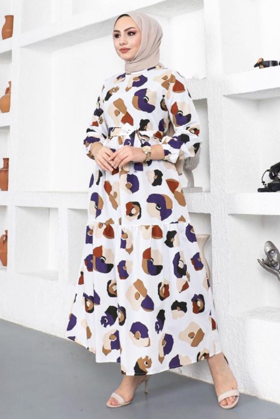 Tesettür giyim BEYAZ DESENLİ KUŞAKLI RENKLİ ELBİSE T 244