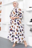 Tesettür giyim BEYAZ DESENLİ KUŞAKLI RENKLİ ELBİSE T 244