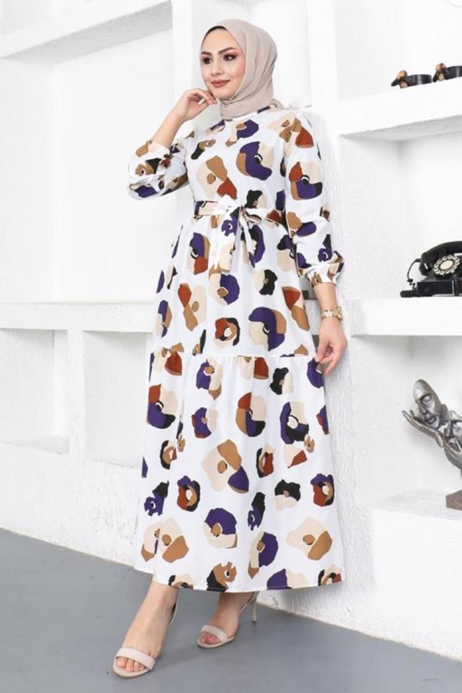 Tesettür giyim BEYAZ DESENLİ KUŞAKLI RENKLİ ELBİSE T 244