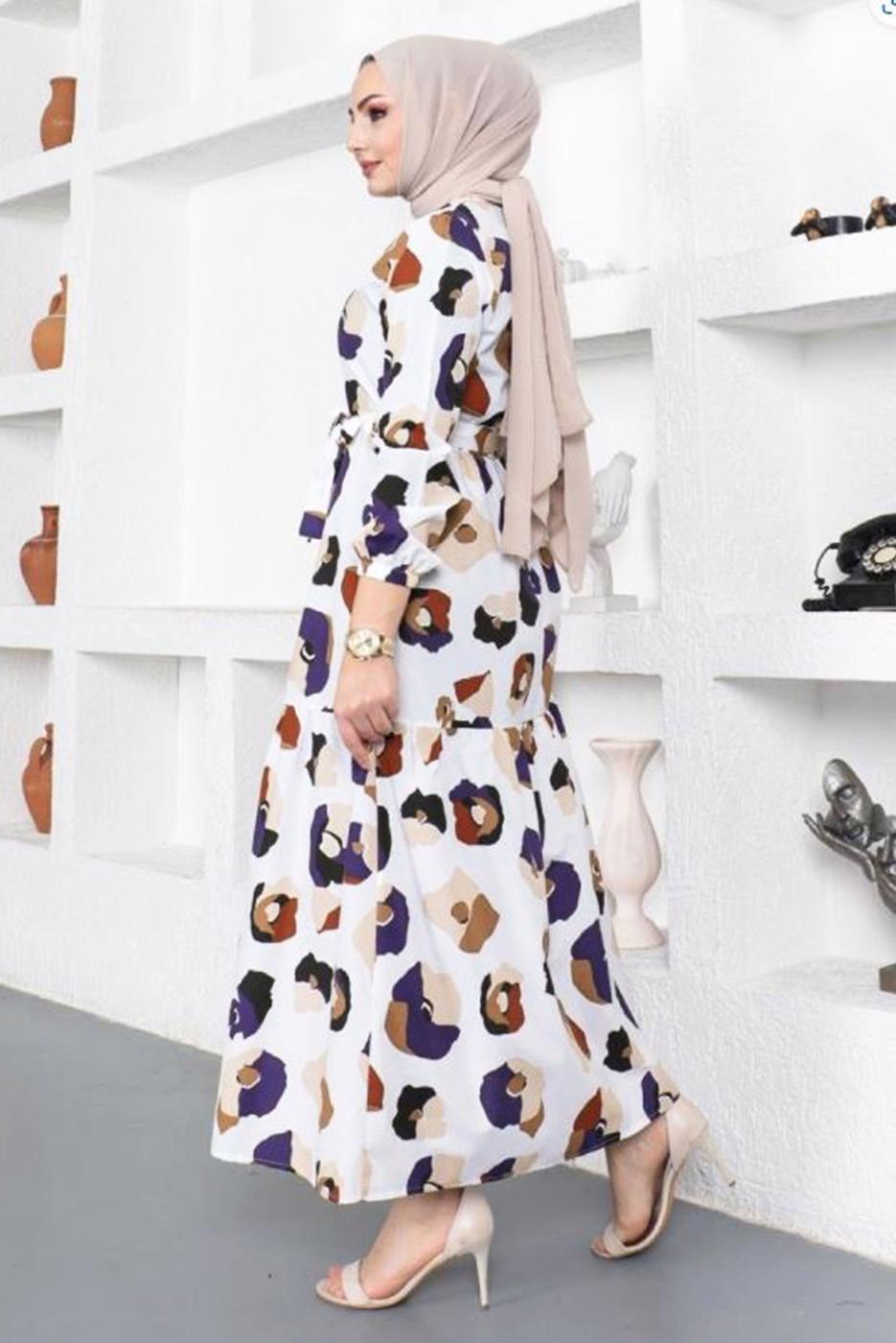 Tesettür giyim BEYAZ DESENLİ KUŞAKLI RENKLİ ELBİSE T 244