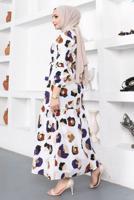 Tesettür giyim BEYAZ DESENLİ KUŞAKLI RENKLİ ELBİSE T 244