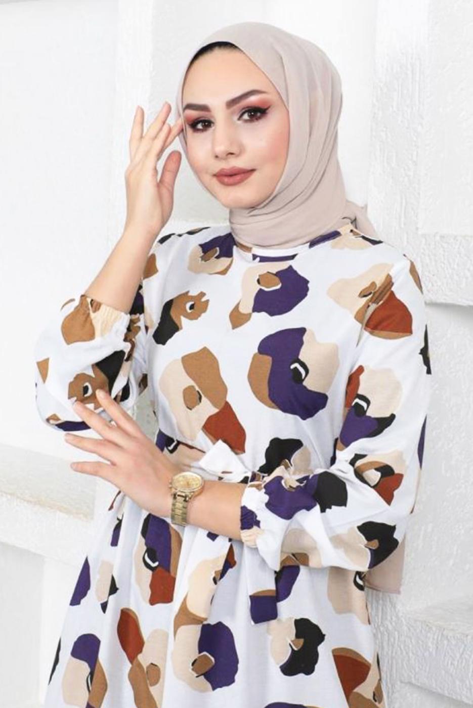 Tesettür giyim BEYAZ DESENLİ KUŞAKLI RENKLİ ELBİSE T 244