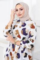 Tesettür giyim BEYAZ DESENLİ KUŞAKLI RENKLİ ELBİSE T 244