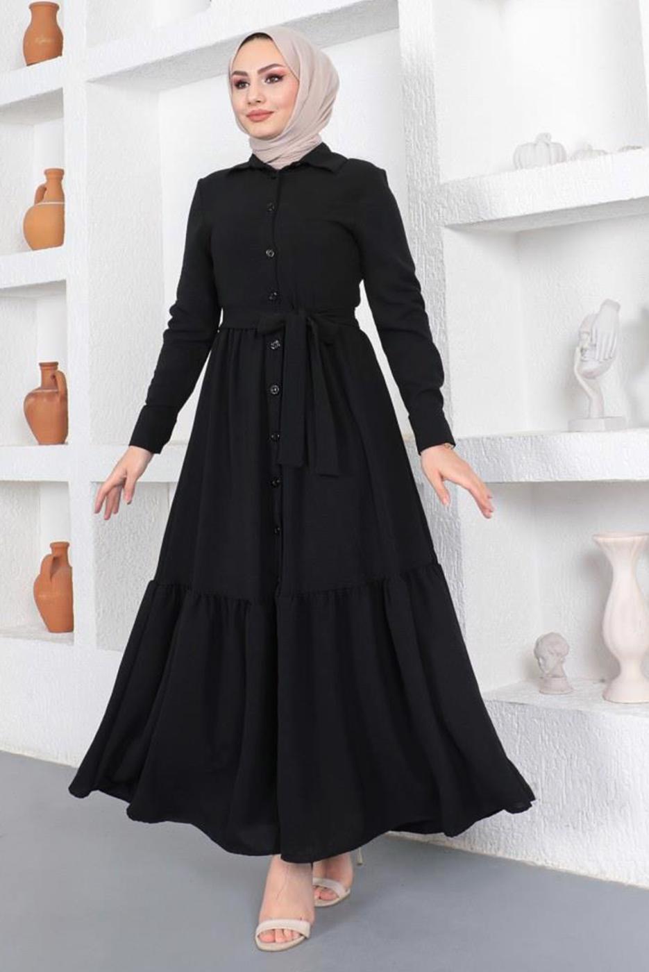 Tesettür giyim SİYAH GÖMLEK YAKA VOLANLI KUŞAKLI ELBİSE T 344