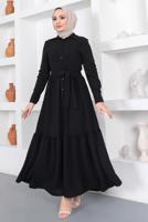 Tesettür giyim SİYAH GÖMLEK YAKA VOLANLI KUŞAKLI ELBİSE T 344