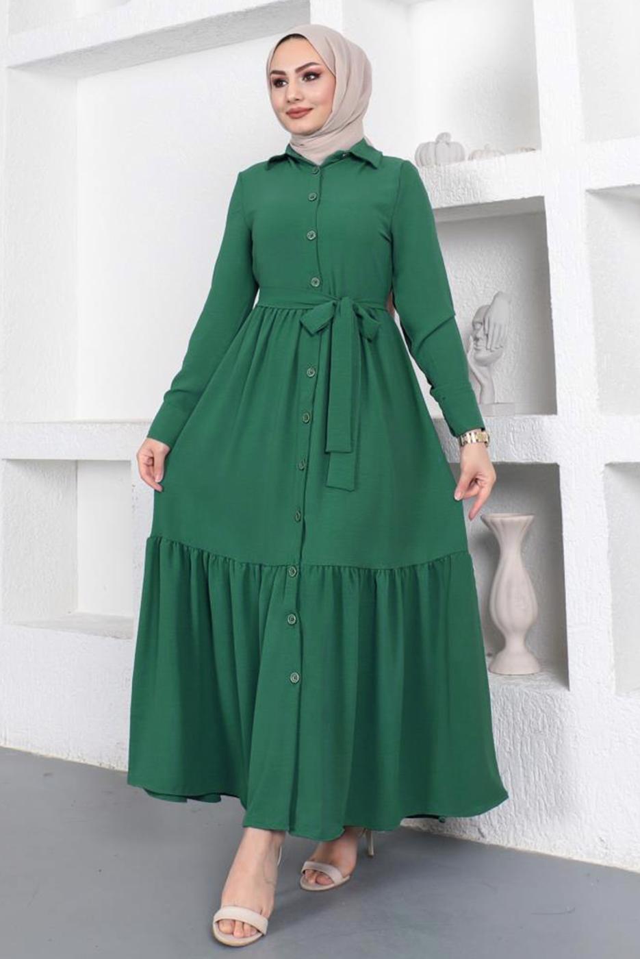 Tesettür giyim YEŞİL GÖMLEK YAKA VOLANLI KUŞAKLI ELBİSE T 344