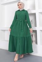 Tesettür giyim YEŞİL GÖMLEK YAKA VOLANLI KUŞAKLI ELBİSE T 344