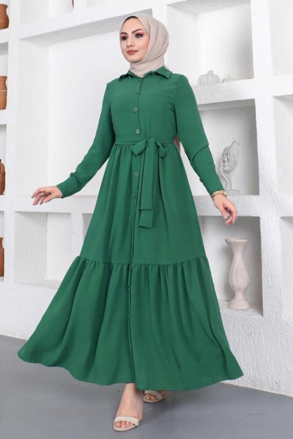 Tesettür giyim YEŞİL GÖMLEK YAKA VOLANLI KUŞAKLI ELBİSE T 344