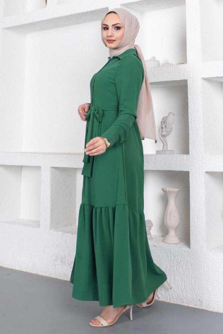 Tesettür giyim YEŞİL GÖMLEK YAKA VOLANLI KUŞAKLI ELBİSE T 344