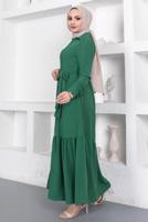Tesettür giyim YEŞİL GÖMLEK YAKA VOLANLI KUŞAKLI ELBİSE T 344