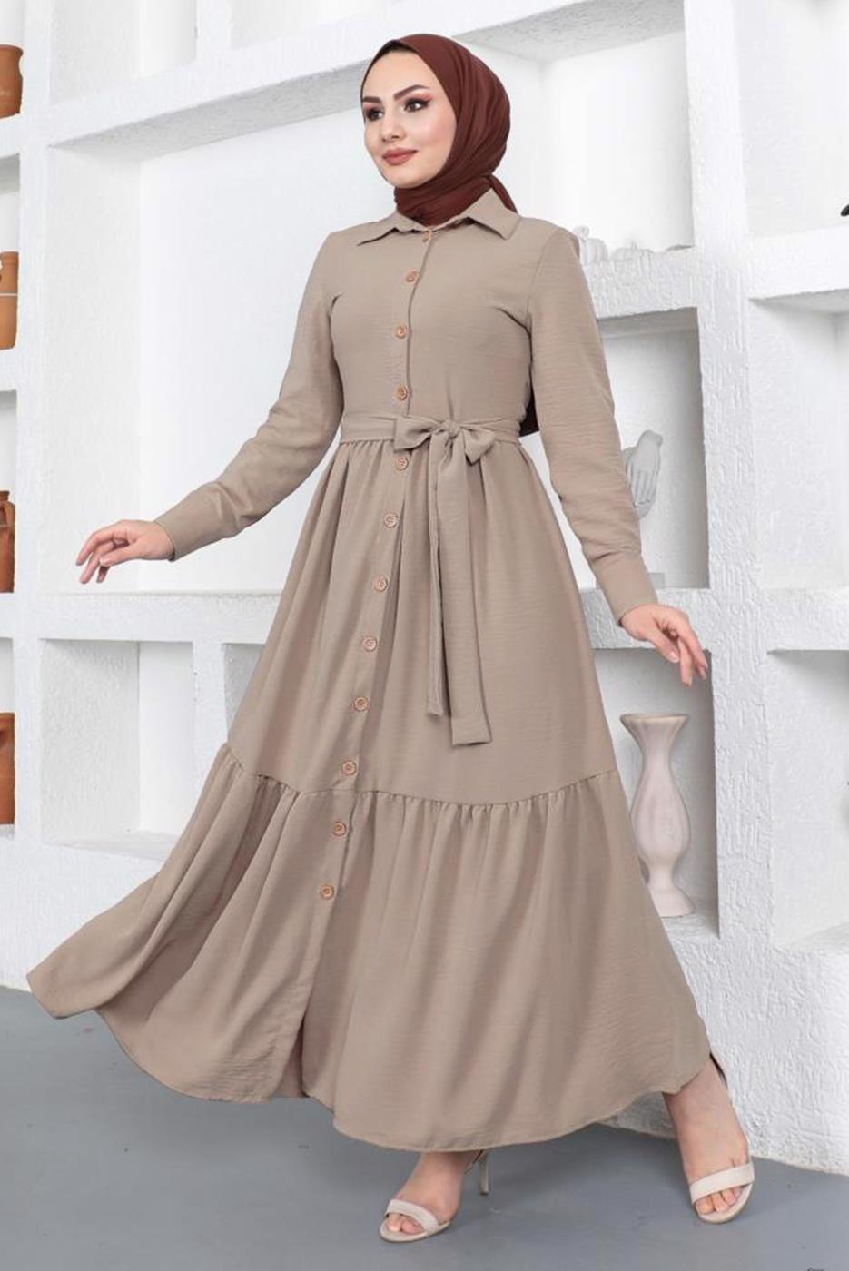 Tesettür giyim BEJ GÖMLEK YAKA VOLANLI KUŞAKLI ELBİSE T 344