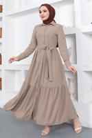 Tesettür giyim BEJ GÖMLEK YAKA VOLANLI KUŞAKLI ELBİSE T 344