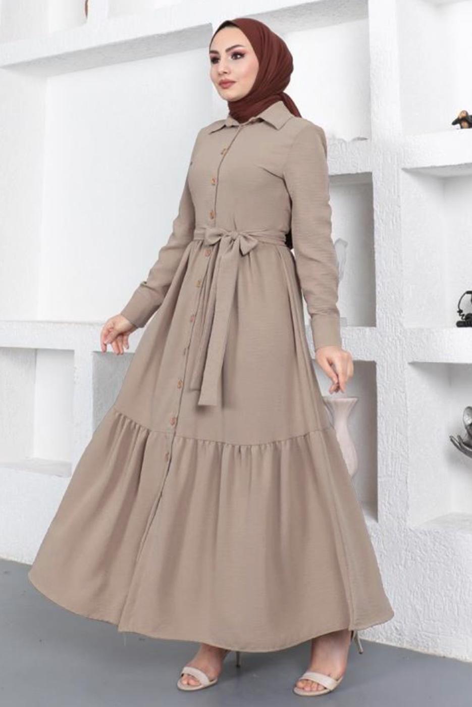 Tesettür giyim BEJ GÖMLEK YAKA VOLANLI KUŞAKLI ELBİSE T 344