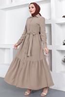 Tesettür giyim BEJ GÖMLEK YAKA VOLANLI KUŞAKLI ELBİSE T 344
