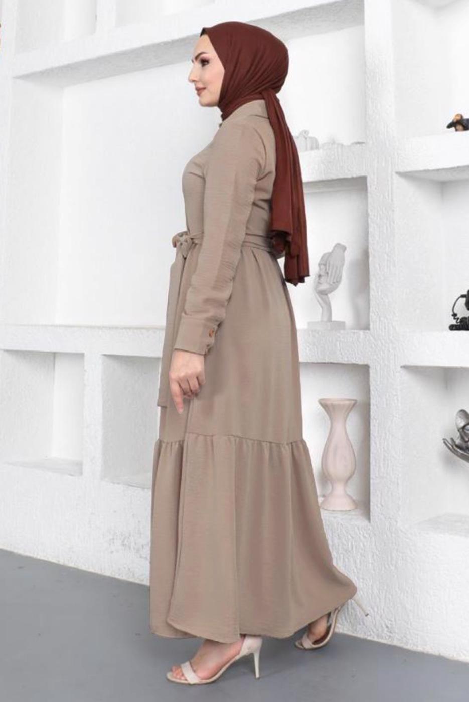 Tesettür giyim BEJ GÖMLEK YAKA VOLANLI KUŞAKLI ELBİSE T 344