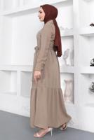 Tesettür giyim BEJ GÖMLEK YAKA VOLANLI KUŞAKLI ELBİSE T 344