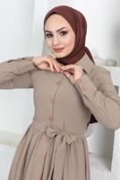 Tesettür giyim BEJ GÖMLEK YAKA VOLANLI KUŞAKLI ELBİSE T 344