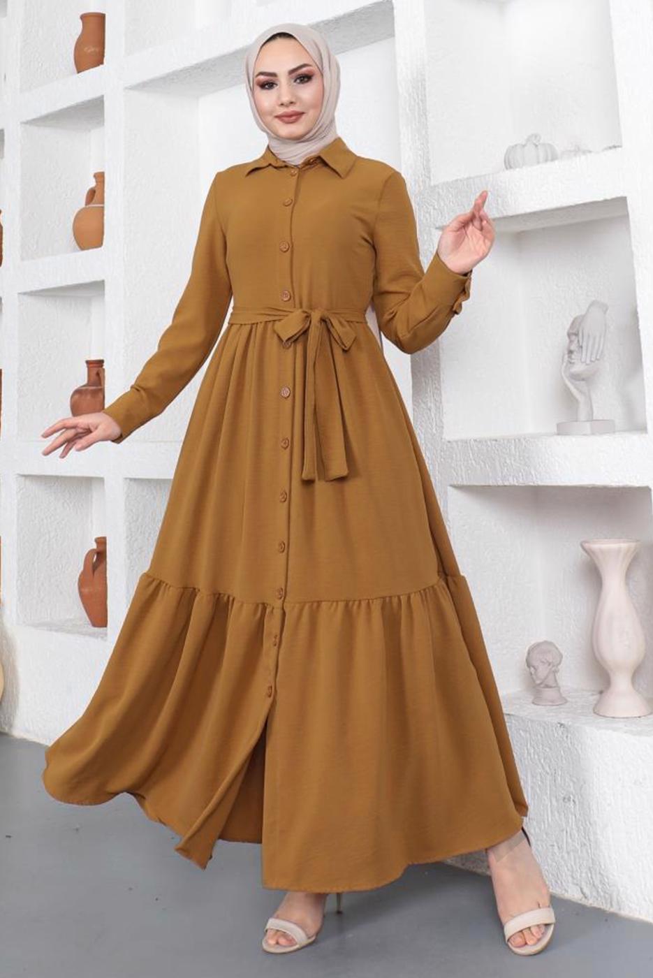 Tesettür giyim TURUNCU GÖMLEK YAKA VOLANLI KUŞAKLI ELBİSE T 344