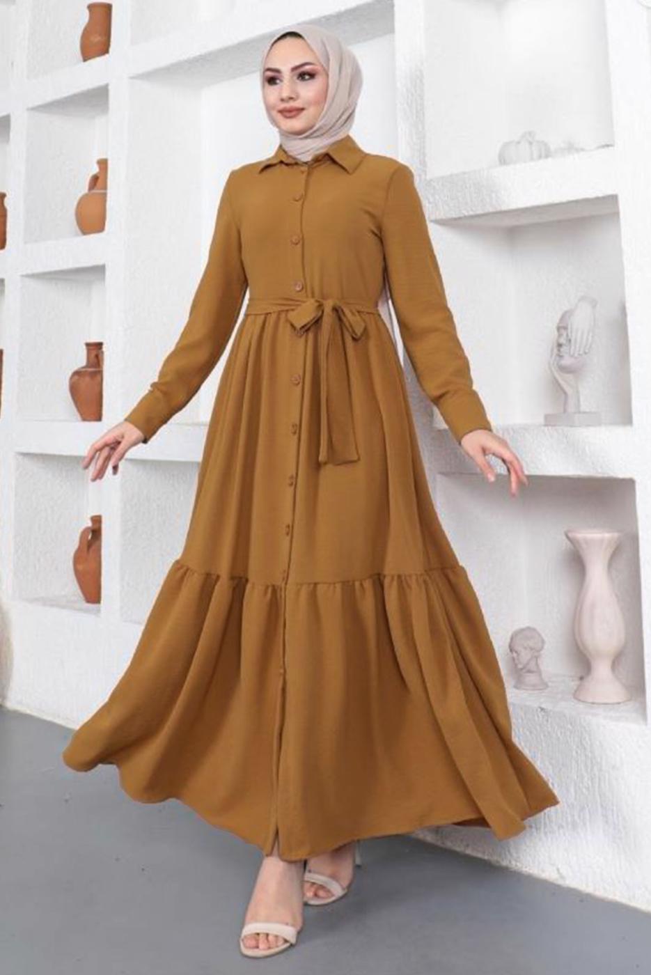 Tesettür giyim TURUNCU GÖMLEK YAKA VOLANLI KUŞAKLI ELBİSE T 344