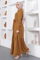 Tesettür giyim TURUNCU GÖMLEK YAKA VOLANLI KUŞAKLI ELBİSE T 344