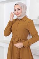 Tesettür giyim TURUNCU GÖMLEK YAKA VOLANLI KUŞAKLI ELBİSE T 344