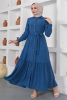 Tesettür giyim LACİVERT GÖMLEK YAKA VOLANLI KUŞAKLI ELBİSE T 344