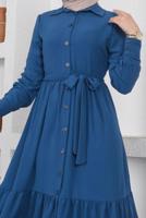 Tesettür giyim LACİVERT GÖMLEK YAKA VOLANLI KUŞAKLI ELBİSE T 344