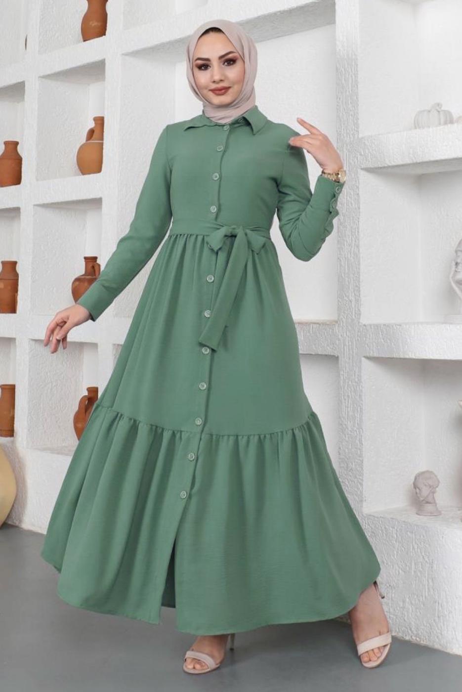Tesettür giyim YEŞİL GÖMLEK YAKA VOLANLI KUŞAKLI ELBİSE T 344
