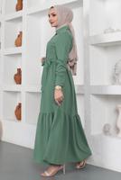 Tesettür giyim YEŞİL GÖMLEK YAKA VOLANLI KUŞAKLI ELBİSE T 344