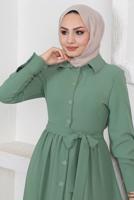 Tesettür giyim YEŞİL GÖMLEK YAKA VOLANLI KUŞAKLI ELBİSE T 344