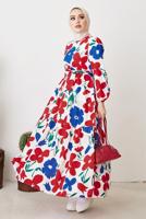 Tesettür giyim KIRMIZI ÇİÇEK DESENLİ KUŞAKLI ELBİSE T 404