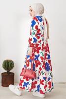 Tesettür giyim KIRMIZI ÇİÇEK DESENLİ KUŞAKLI ELBİSE T 404