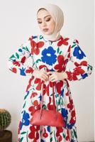 Tesettür giyim KIRMIZI ÇİÇEK DESENLİ KUŞAKLI ELBİSE T 404