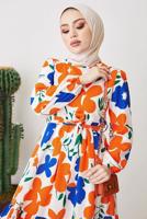 Tesettür giyim TURUNCU ÇİÇEK DESENLİ KUŞAKLI ELBİSE T 404