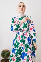 Tesettür giyim LACİVERT ÇİÇEK DESENLİ KUŞAKLI ELBİSE T 404