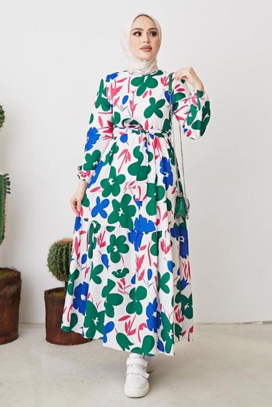 Tesettür giyim LACİVERT ÇİÇEK DESENLİ KUŞAKLI ELBİSE T 404