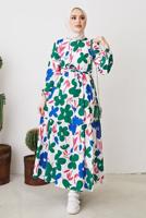 Tesettür giyim LACİVERT ÇİÇEK DESENLİ KUŞAKLI ELBİSE T 404