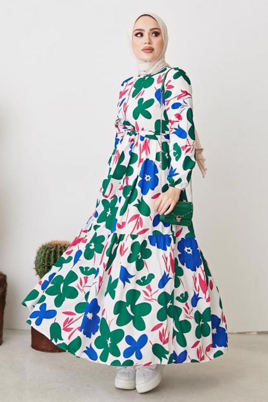 Tesettür giyim LACİVERT ÇİÇEK DESENLİ KUŞAKLI ELBİSE T 404