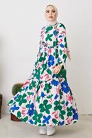 Tesettür giyim LACİVERT ÇİÇEK DESENLİ KUŞAKLI ELBİSE T 404