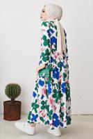 Tesettür giyim LACİVERT ÇİÇEK DESENLİ KUŞAKLI ELBİSE T 404