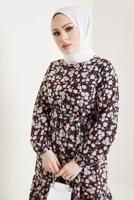 Tesettür giyim SİYAH ÇİÇEK DESENLİ KUŞAKLI ELBİSE T 434